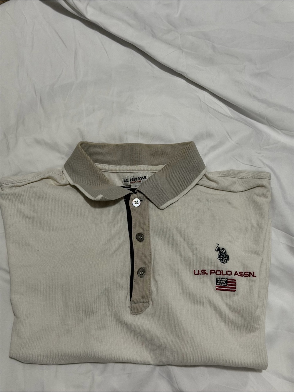U.S. Polo Assn. Cream Polo with Tan Trim and Navy Embroideries